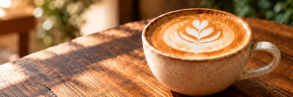 Café latte con arte de corazón en una taza de cerámica, sobre una mesa de madera